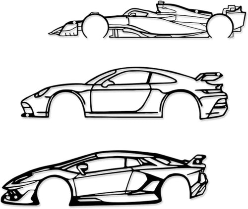 Dynamic Metal Racing Car Wall Art Decor - Set of 3 Sleek Silhouette Signs for Garage, Bedroom, Man Cave & Automotive Enthusiasts