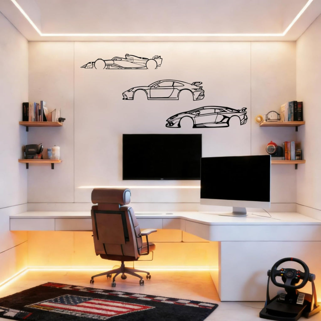 Dynamic Metal Racing Car Wall Art Decor - Set of 3 Sleek Silhouette Signs for Garage, Bedroom, Man Cave & Automotive Enthusiasts