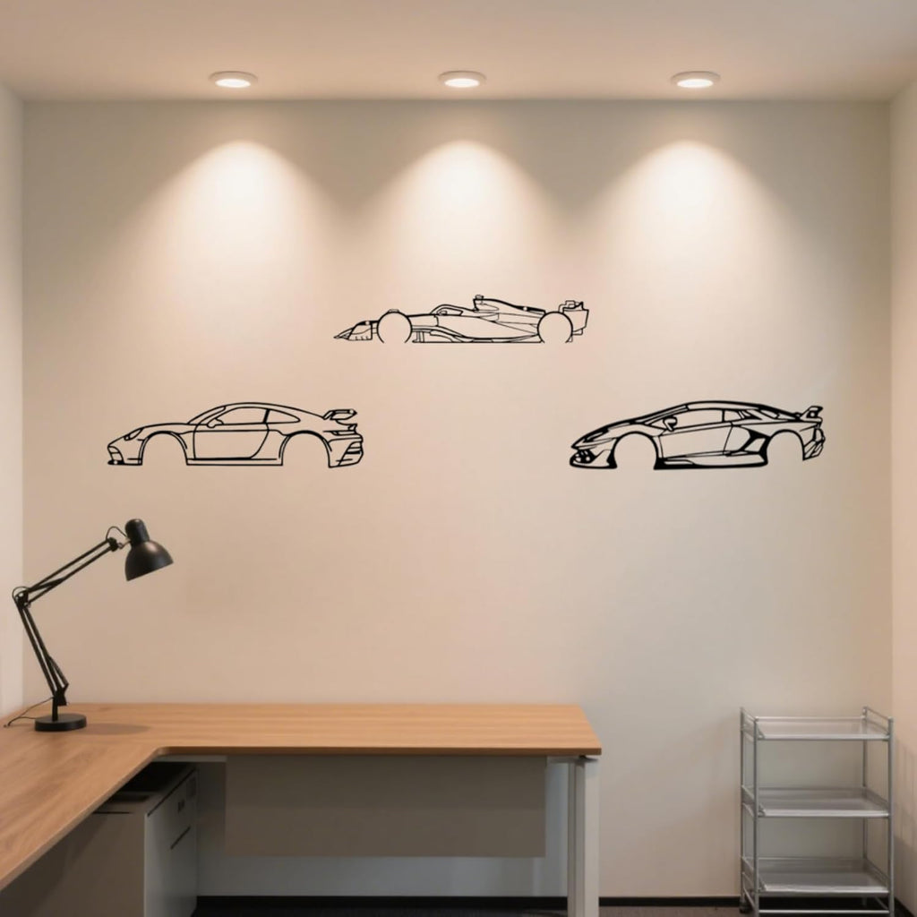Dynamic Metal Racing Car Wall Art Decor - Set of 3 Sleek Silhouette Signs for Garage, Bedroom, Man Cave & Automotive Enthusiasts