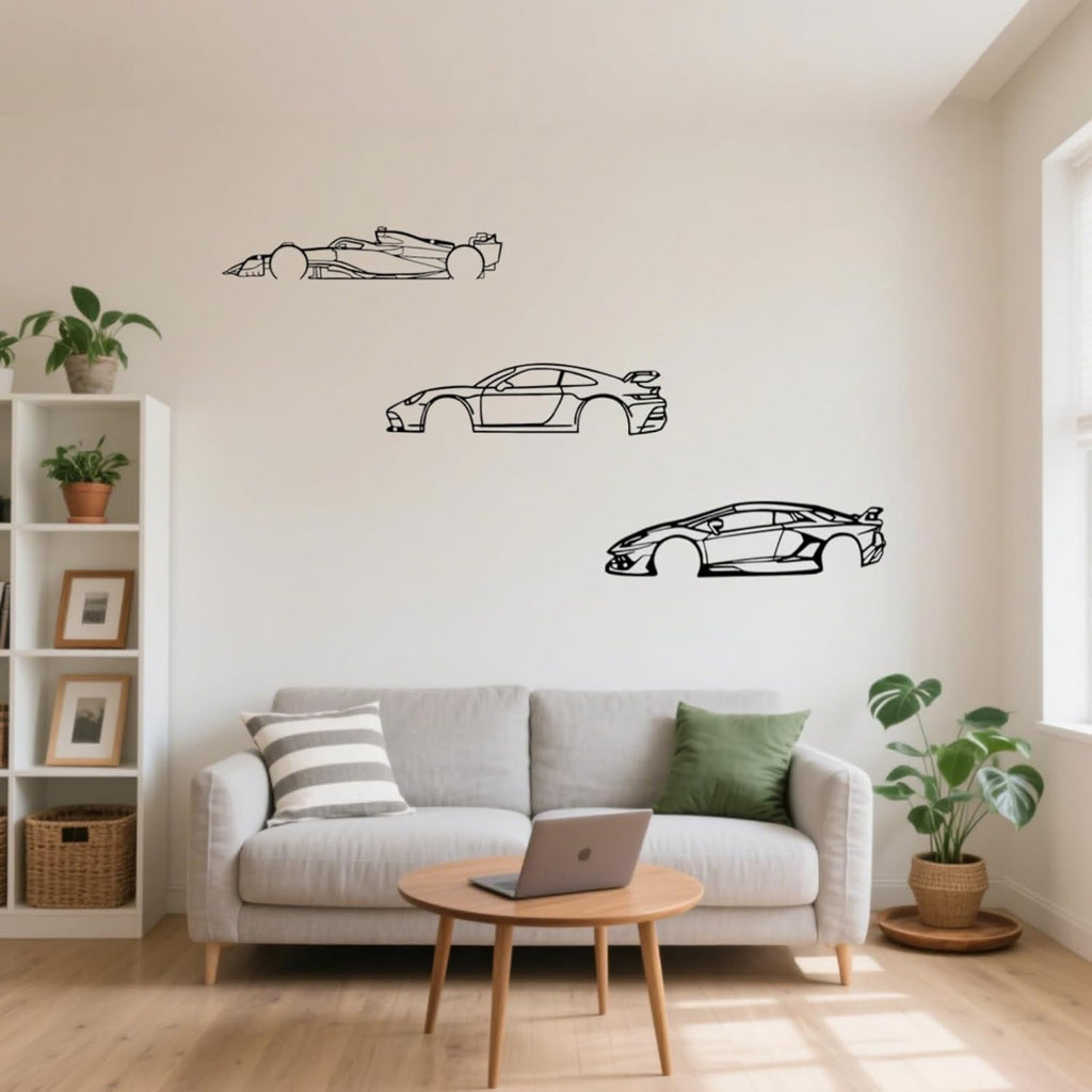 Dynamic Metal Racing Car Wall Art Decor - Set of 3 Sleek Silhouette Signs for Garage, Bedroom, Man Cave & Automotive Enthusiasts