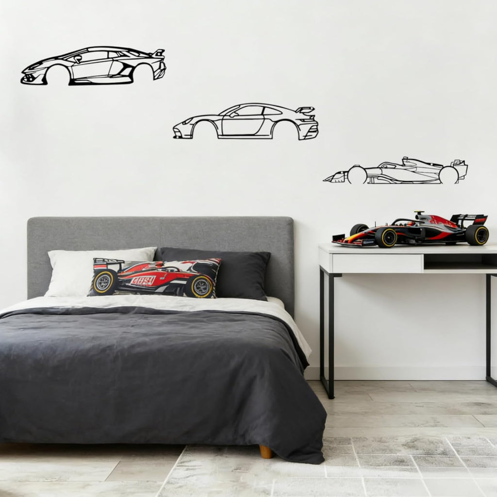Dynamic Metal Racing Car Wall Art Decor - Set of 3 Sleek Silhouette Signs for Garage, Bedroom, Man Cave & Automotive Enthusiasts